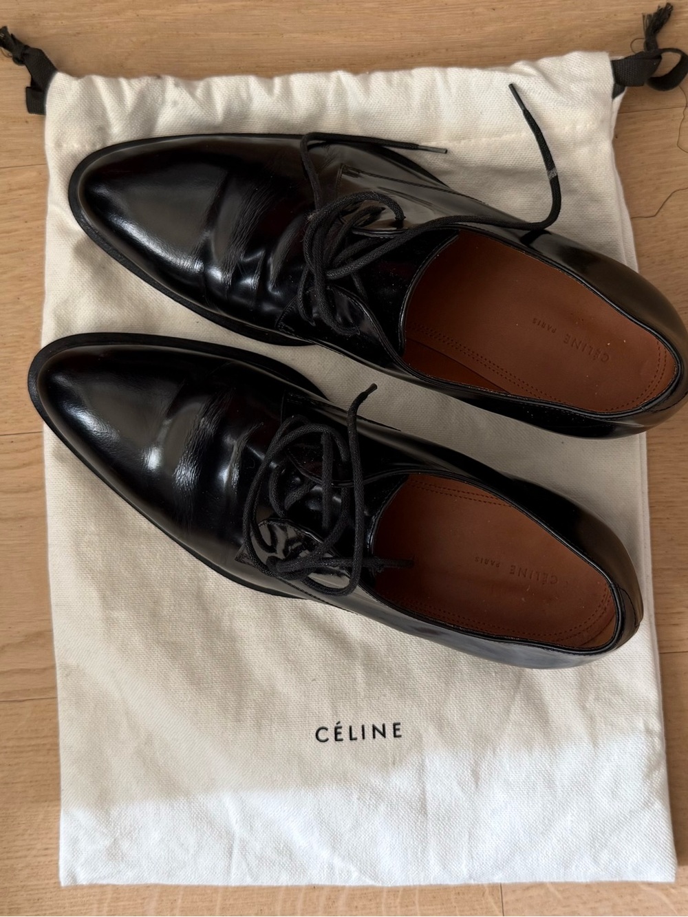 Celine Phoebe Philo era Black Leather Lace-Up Pointed toe Dress Shoes 37.5 EUC